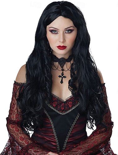  Long Curly Gothic Black Vampire Wig – Spooky Curly Hair for Halloween, Cosplay, Vampire Costumes, and Role Play Party Accessories