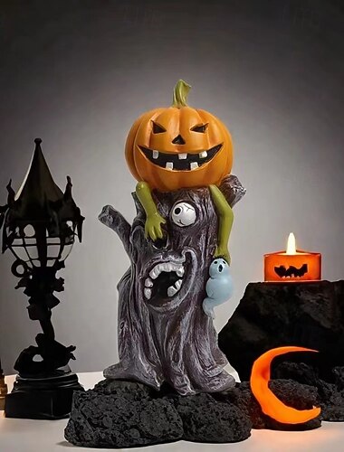  Estatua de resina de monstruo de calabaza de Halloween, figura de hombre calabaza con tocón aterrador, adorno de decoración de terror para el hogar para exhibir escenas de casas embrujadas