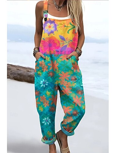  Damen Latzhose Aktiv Blumen Ärmellos Ärmellos Gerade Quadrathals Tasche mit Tasche Urlaub Täglich Lässiger Schnitt Rosa Purpur Grün Sommer