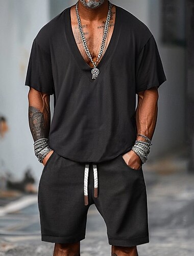  Per uomo Completi T-shirt Outfit 2 pezzi Maglietta e pantaloncini Manica Corta Scollo a V Estate Semplice Moda Casual 2 Pezzi Vacanza Abbigliamento quotidiano Uscire Nero Maglietta Top per Uomo