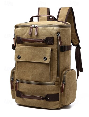 Men's Brown Canvas Backpack with Multi-Pocket Design – Vintage Travel Laptop Bag Fits 15.6" Devices, Ideal for Work, School, Hiking and Weekend Getaways