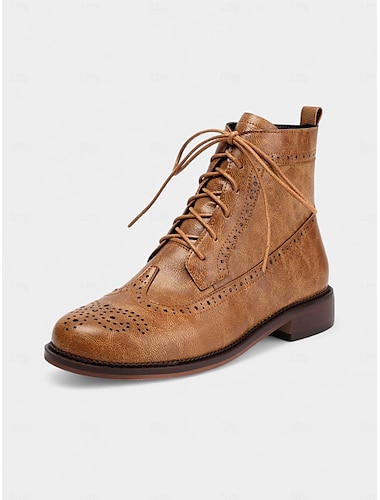  Damen-Vintage-Oxford-Schnürstiefeletten – flache Brogue-Booties aus Kunstleder für Herbstoutfits, Alltagskleidung und Retro-Looks