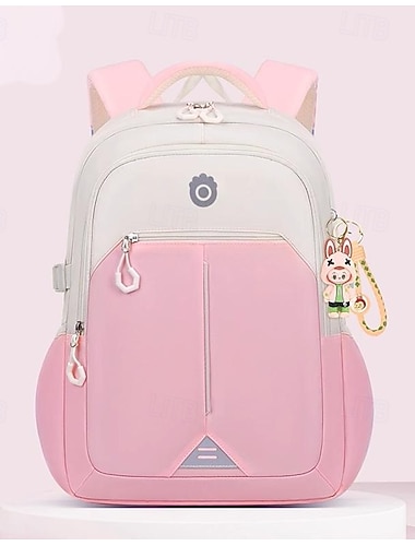  Розовый и белый школьный рюкзак для девочек с милым мультяшным брелком для ключей, легкий водонепроницаемый рюкзак большой вместимости для учеников начальной и средней школы