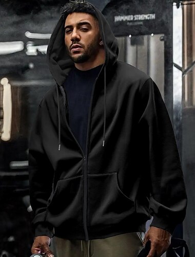  Men's Hoodie Full Zip Hoodie Fleece Hoodie Apricot Black Army Green Navy Blue Light Grey Hooded Plain Pocket Sports & Outdoor Daily Holiday Polyester Streetwear Basic Casual Fall Winter Clothing