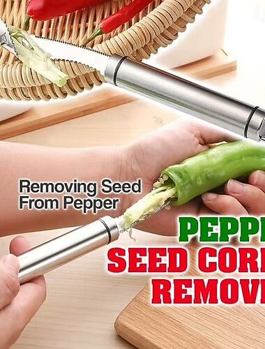  Extractor de semillas de pimiento, 2 unidades, herramienta extractora de corazón de chile de acero inoxidable para pimientos morrones, melón amargo y pimientos verdes, utensilio de cocina fácil para