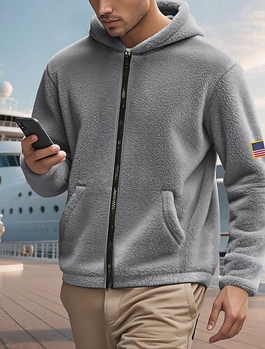  Per uomo Giacca Invernale Cappotto Teddy Giacca Casual Vacanza Quotidiano Calore Termico Tasca Pile Autunno Inverno Bandiera Americana Moda Streetwear Con Cappuccio Regolare Grigio scuro Nero Blu
