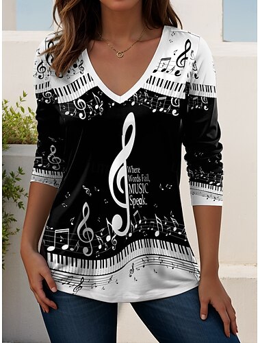  Festival musicale Per donna Maglietta Grafico Musica Vintage Elegante Classico Manica Lunga Scollo a V Top Regolari Quotidiano Uscire Weekend Stampato Bianco e nero Nero Bianco Primavera Autunno