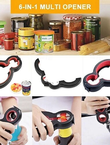  Abridor de botellas multifuncional 6 en 1 para frascos, latas y botellas, herramienta abridora de acero inoxidable de fácil agarre para uso en la cocina, práctico dispositivo para quitar tapas y