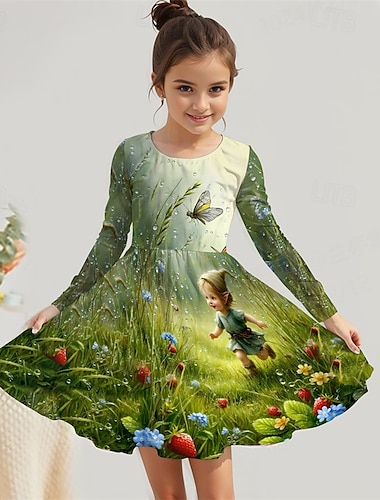  Mädchen' 3D Cartoon Kleid Langarm Sommer Frühling Urlaub Täglich Ferien Prinzessin Schön Süß Kinder 4-12 Jahre Freizeitkleid A Linie Kleid Knielang Normale Passform