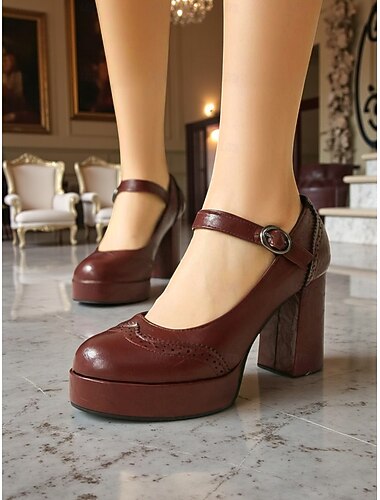  abrikooskleurige Mary Jane-pumps voor dames - retroschoenen met dikke hak uit de jaren 50, brogue-details en verstelbare band voor op kantoor, theekransjes en dagelijks gebruik