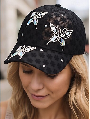  női légáteresztő, hálós, virágmintás, strasszos baseballsapka - elegáns pillangós dizájn, ideális divatos szabadidős tevékenységekhez, szabadtéri tevékenységekhez és bulikhoz