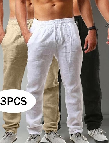  Homens Calças de linho Calças Calças largas Calças de praia Bolsos Com Cordão Tecido Conforto Respirável Comprimento total Diário Férias à moda Branco + Preto + Cáqui Azul+Cáqui+Vermelho Sem