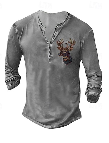  Herren Henley Hemd T-Shirt Langarmshirt Langarm Henley Sommer Herbst Muster Hirsch Mode Designer Mode Jahrgang Urlaub Straße Ausgehen Dunkelgrau Schwarz Weiß Top T-Shirt für Herren