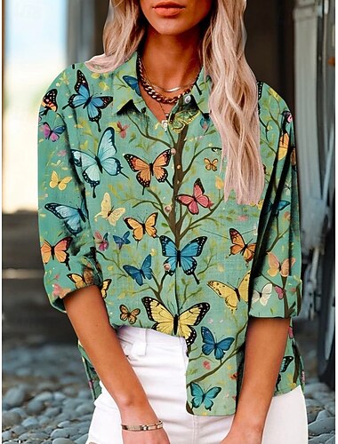  Per donna Camicia Farfalla Attivo Quotidiano Elegante Manica Lunga Colletto a Camicia Top Regolari Quotidiano Ferie Bottoni Stampato Verde Estate Primavera Autunno
