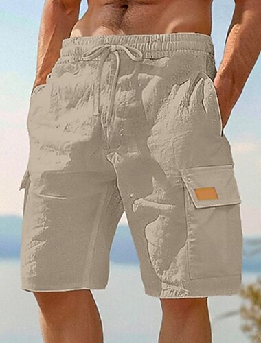  Herren Cargo-Shorts Shorts Leinenshorts Sommershorts Strandshorts Elastischer Bund Kordelzug Mehrere Taschen Einfach Knielang Outdoor Ferien Strand Urlaub Hawaiianisch Schwarz Weiß Unelastisch