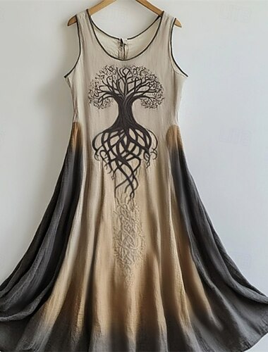  Per donna Abito Midi Vestito Casual Vestito a ruota Abito Estivo Abito Boho Vintage Moda Quotidiano Spiaggia Weekend Vestibilità regolare Albero Senza Maniche Girocollo Cachi Estate Primavera