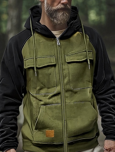  Homens Moletom Full Zip Hoodie Preto Rosa Vinho Verde Tropa Azul Real Com Capuz Bloco de cor Patchwork Bolsos Desportos e Ar livre Diário Feriado Poliéster Roupa de rua Básico Casual Primavera Outono