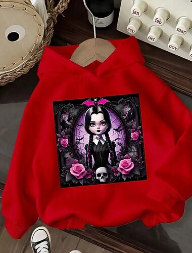  Sudadera con capucha gótica de los Miércoles Addams para niña, con estampado de dibujos animados, manga corta, transpirable, de verano, para Halloween.