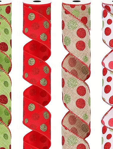  Sada 4 vánočních stuh, třpytivé puntíkované stuhy s drátem, vánoční ozdoby na vánoční stromeček