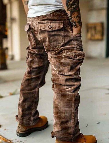  Męskie Spodnie cargo Spodnie sztruksowe Spodnie Guziki Multi Pocket Równina Zdatny do noszenia Na zewnątrz Codzienny Kemping i wycieczki Moda Klasyczny Brązowy Zielony