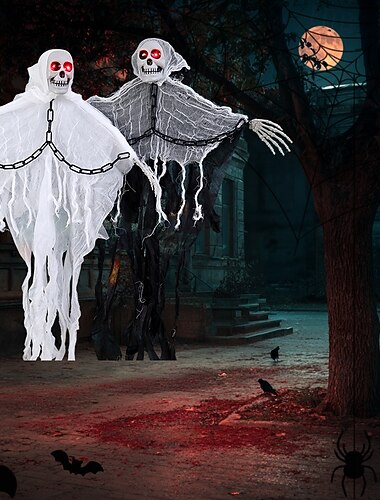  2 ks 85cm halloweenské dekorační řetězy visící s duchy, lebkami, gázou, grimasou, zářícím zvukem, pro vnitřní i venkovní setkání na nádvoří, děsivá a tajemná atmosféra, dekorativní světla