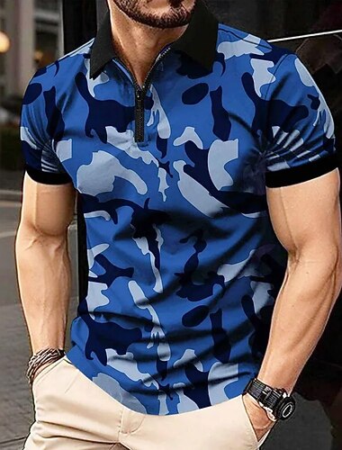  Herre Camouflage Zip Polo Kortærmet Aftæpning Afslappet / Sportslig Sport & Udendørs atletiktøj Afslappet / Hverdag Lynlås op 3D-udskrivning Sommer Mørkerød Rødkælkeæg Blå Militær Grøn