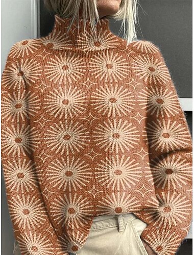  Damen Pullover Urlaub Täglich Geometrisch Farbblock Gerippt Rollkragen Druck Langarm Normale Oberteile Stricken Outdoor Täglich Ferien Blau Braun Herbst Winter