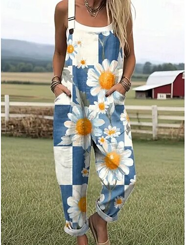  Damen Latzhose Aktiv Blumen Ärmellos Ärmellos Gerade Quadrathals Tasche mit Tasche Urlaub Täglich Lässiger Schnitt Weiß Rosa Blau Sommer