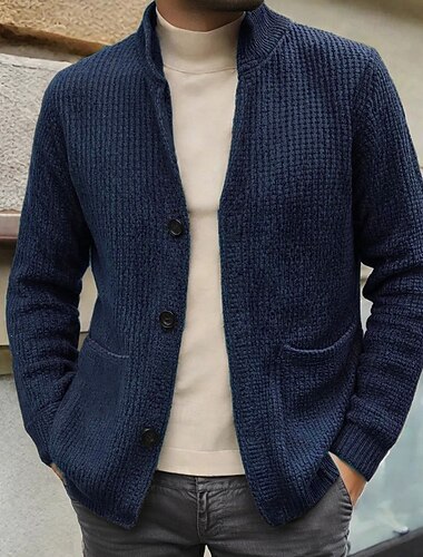  Homme Gilet Cardigan Pull Court Pull Tricoté Côtelé Tricoter Hauts Réguliers Boutonner Avec Poches Uni Col montant Mode Classique Vacances Tenue quotidienne Vêtement Tenue Automne Hiver Noir bleu