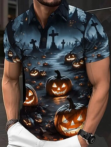 Halloween Ανδρικά Κολοκύθα Cruce Πόλο Κοντομάνικο Μπλουζάκια πόλο Πέτο Καθημερινό Σκούρο Ένδυση γυμναστικής και άθλησης Φεστιβάλ στολή 3D εκτύπωση Κουμπιά Καλοκαίρι Θαλασσί