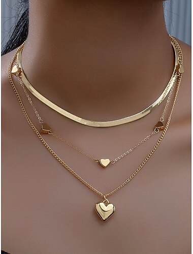  Ensemble de colliers cœur à 3 rangs pour femme – ras du cou à chevrons en alliage doré et chaînes pendentifs, style romantique minimaliste pour les fêtes, les rendez-vous galants, les mariages et les cadeaux de tous les jours
