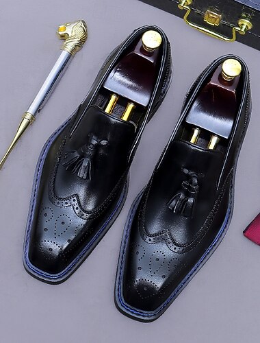  Heren leren loafers met kwastjes - klassieke brogueschoenen van echt koeienhuid met geperforeerde details, instapschoenen voor zakelijk gebruik, op kantoor, op bruiloften en bij elegante gelegenheden