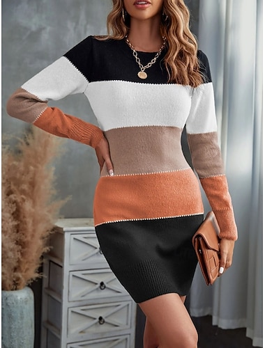  Dame Genserkjole Fritid Myk Stripet Riflet Crew-hals Strikket Langermet Vanlige topper Strikke utendørs Daglig Helg Marineblå Oransje Høst Vinter