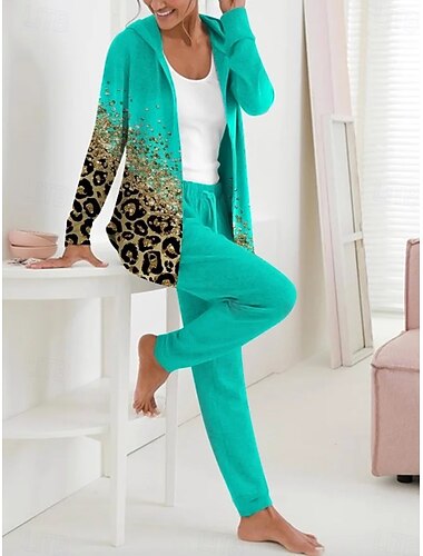  Completo da donna due pezzi, attivo, quotidiano, con felpa e pantaloni, manica lunga, scollo a V, con cappuccio, stampa floreale, con coulisse, casual, giallo, rosa, verde, autunno, vestibilità