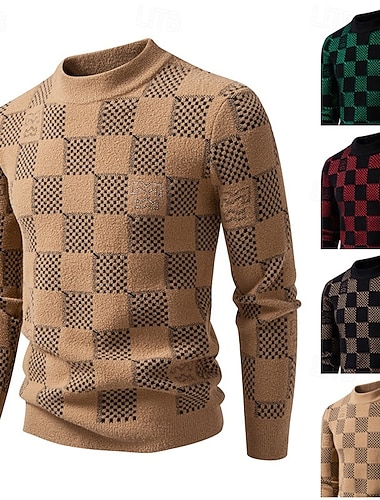  Per uomo Felpa Maglione A Coste Maglia Top Regolari Lavorato a maglia Slim Fit Plaid Girocollo Maglieria Contemporaneo Casuale Abbigliamento quotidiano Abbigliamento Autunno Inverno Cammello Borgogna