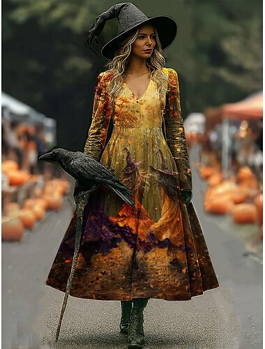  Halloween Жен. Длинное платье Платье A-силуэта Отпуск На каждый день Богемный Пляж Стандартный Цветочный принт Графика Фокус покус Длинный рукав V-образный вырез Желтый Темно-зеленый Лиловый Оранжевый