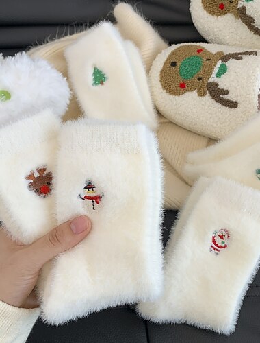  Calcetines navideños de invierno para mujer, calcetines gruesos y cálidos con muñeco de nieve. &Calcetines navideños de felpa de visón blanco acogedores con diseño de Papá Noel y bonitos calcetines