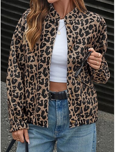  Γυναικεία Casual Jacket Άνετο Αναπνέει Τσέπη Στάμπα Βίντατζ Καθημερινό Λεοπάρ Διακοπές Δρόμος Causal Καθημερινά Ρούχα Φερμουάρ Κανονικό Όρθιος Γιακάς Κανονικό Μακρυμάνικο Εξωτερικά ενδύματα Καφέ