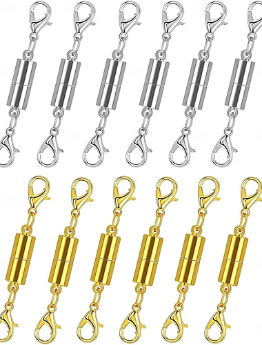  12 magneettisen kaulakorun lukon ja sulkimen pakkaus. Kaulakorun jatke, jossa vahva magneetti. Magneettinen kaulakorun lukko korujen ja rannekorujen valmistukseen. Kullattu ja hopeoitu.
