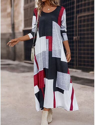  Mulheres Vestido Longo Vestido A Line Vestido de verão Férias Casual Normal Gráfico Geométrica Abstrato Manga Longa Gola Redonda Vermelho Primavera Outono Inverno