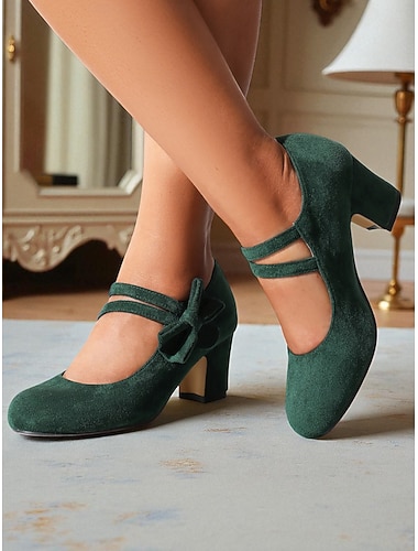  Damskie fioletowe czółenka typu Mary Jane – zamszowe buty na grubym obcasie z podwójnymi paskami w kształcie kokardy, inspirowane stylem vintage z lat 50., idealne na wesela, imprezy i eleganckie