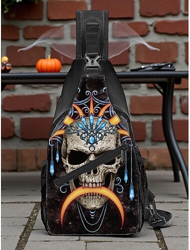  Pánská crossbody kabelka s motivem lebky na Halloweenu od Sarah Richter – lebka inspirovaná vintage stylem s oranžovými akcenty, unikátní umění pro halloweenské večírky, festivaly a ležérní outfity.