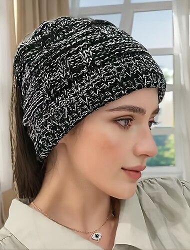  1 gorro de punto acrílico cálido para invierno: gorro ajustado con cola de caballo, tejido de punto ligero, solo lavado a mano, elegante gorro deportivo para exteriores para otoño/invierno