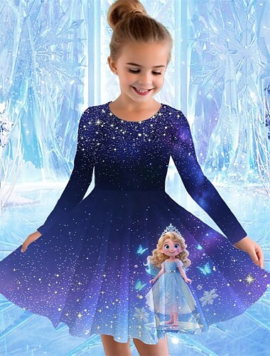  Tyttöjen 3D Piirretty Mekko Pitkähihainen Kesä Kevät Loma Päivittäin Pyhäpäivä Prinsessa Kaunis Makea Lapset 4-12 vuotta Rento mekko A linjainen mekko Polvipituinen Normaali