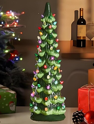  Árvores de Natal de Resina Decoração de Férias Pintada à Mão com Luzes LED Multicoloridas Decoração Vintage de Interior Árvore de Natal de Mesa