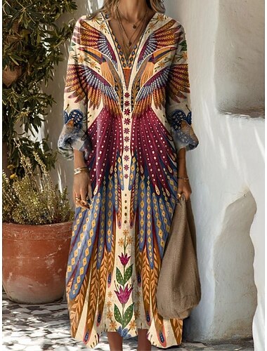  Femmes Robe maxi Robe Décontractée Élégant Occasionnel Vacances Quotidien Coupe régulière Fleuri manche longue Col en V bleu marine Bleu Orange Marron Été