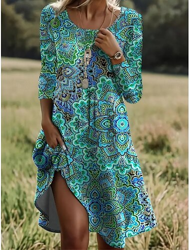  Per donna Abito Midi Vestito T-Shirt Vestito Estivo Abito a trapezio Casual Quotidiano Ferie Data Vestibilità regolare Floreale Grafico Manica Lunga Girocollo Verde Estate Primavera Autunno Inverno