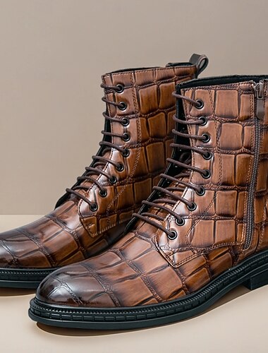 Botas con cordones y estampado de cocodrilo marrón para hombre, zapatos casuales de negocios vintage para oficina y ocasiones formales.