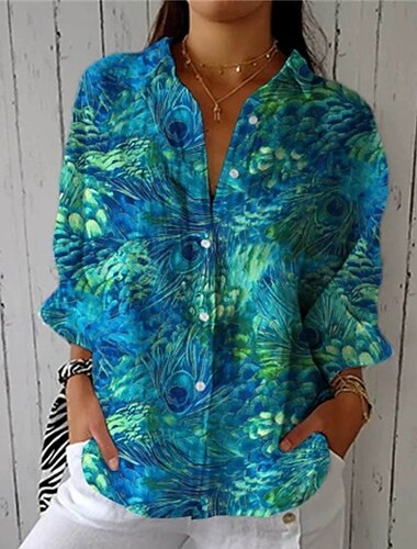  نسائي قميص بلوزة ألوان متناوبة الحديث كاجوال كم طويل قبعة القميص قمصان عادية مناسب للبس اليومي مناسب للعطلات Buttons طباعة أزرق الربيع