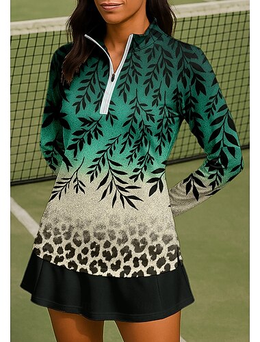  Damen Leopard Farbverlauf Blumenmuster Shirt Sporthemd Golf-Poloshirt Tennis Shirt Langarm Reißverschluss Blumen UPF50+ UV-beständig Hohe Elastizität Feuchtigkeitsableitend Atmungsaktiv Volleyball